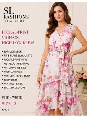 SL Fashions Floral-Print Chiffon High-Low Dress Pink White Size 12 NWT